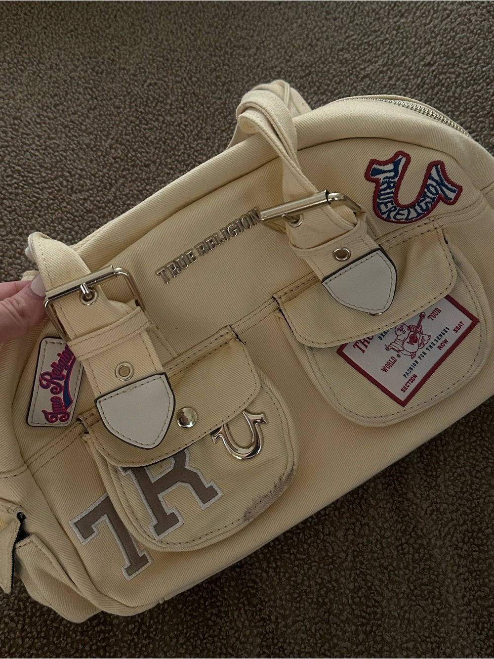 True Religion Pale Yellow Canvas Mini Satchel with Patches